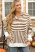 Striped Print Quarter Button Drop Sleeve Hoodie