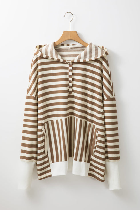 Striped Print Quarter Button Drop Sleeve Hoodie