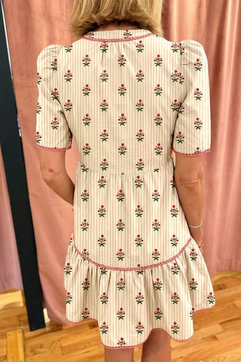 Striped Print Rick Rack Ruffle Hem A Line Floral Dress