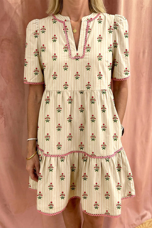 Striped Print Rick Rack Ruffle Hem A Line Floral Dress