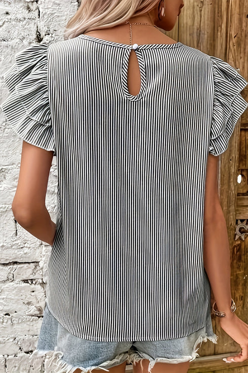 Striped Print Ruffle Short Sleeve Round Neck Shift Blouse