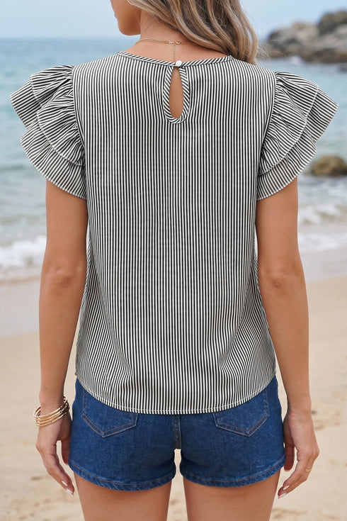 Striped Print Ruffle Short Sleeve Round Neck Shift Blouse