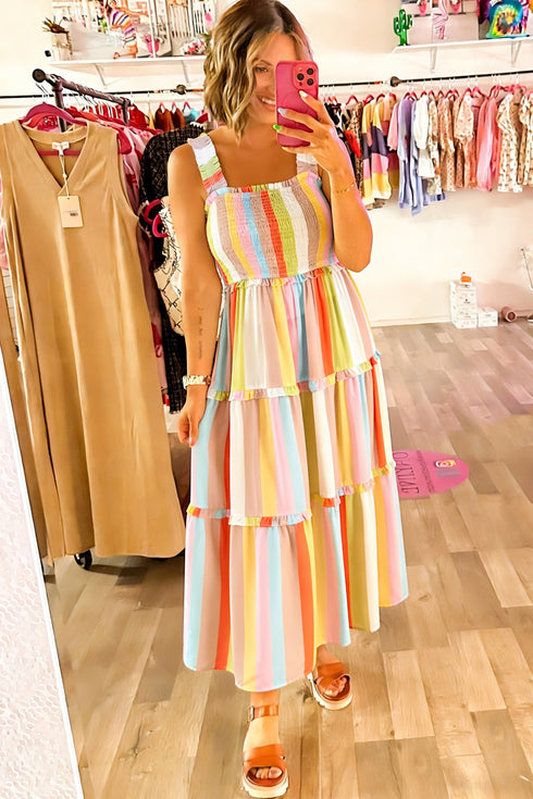 Striped Print Smocked Shirred Frilly Tiered Maxi Dress