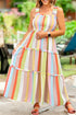 Striped Print Smocked Shirred Frilly Tiered Maxi Dress