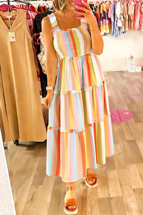 Striped Print Smocked Shirred Frilly Tiered Maxi Dress