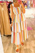 Striped Print Smocked Shirred Frilly Tiered Maxi Dress