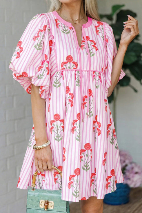 Striped Print Tie Notched Neck Puff Sleeve Floral Dress