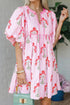 Striped Print Tie Notched Neck Puff Sleeve Floral Dress