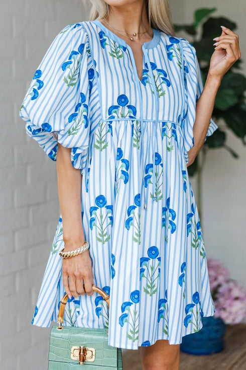 Striped Print Tie Notched Neck Puff Sleeve Floral Dress