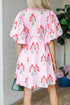 Striped Print Tie Notched Neck Puff Sleeve Floral Dress