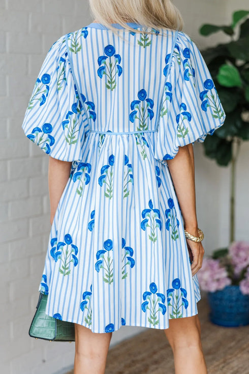Striped Print Tie Notched Neck Puff Sleeve Floral Dress