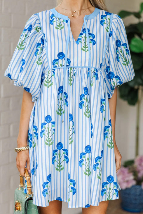 Striped Print Tie Notched Neck Puff Sleeve Floral Dress