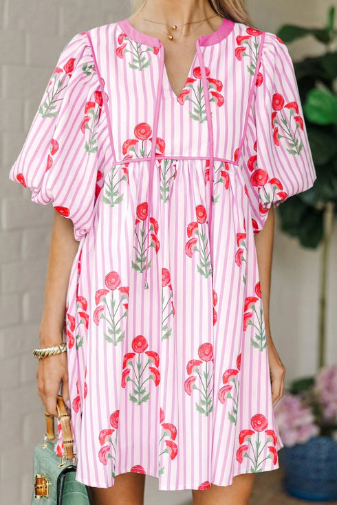 Striped Print Tie Notched Neck Puff Sleeve Floral Dress
