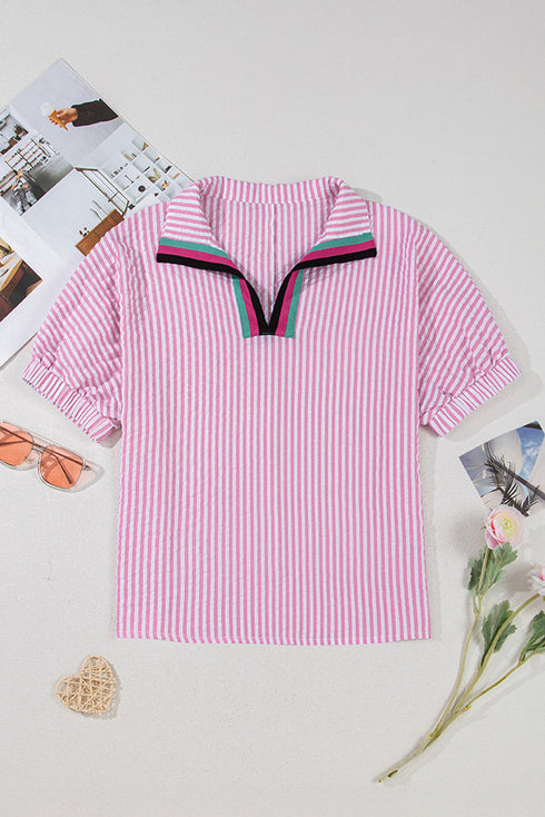 Striped Puff Sleeve Collared V Neck Top