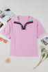 Striped Puff Sleeve Collared V Neck Top