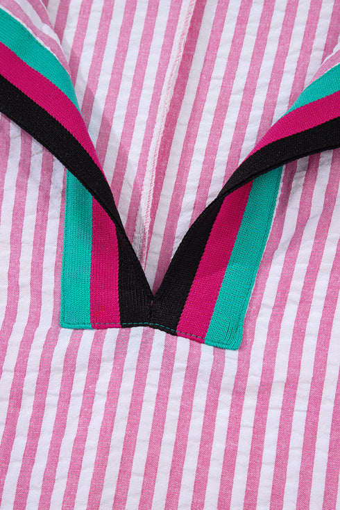 Striped Puff Sleeve Collared V Neck Top