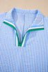 Striped Puff Sleeve Collared V Neck Top