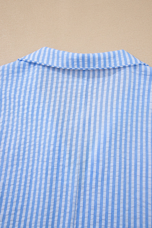 Striped Puff Sleeve Collared V Neck Top