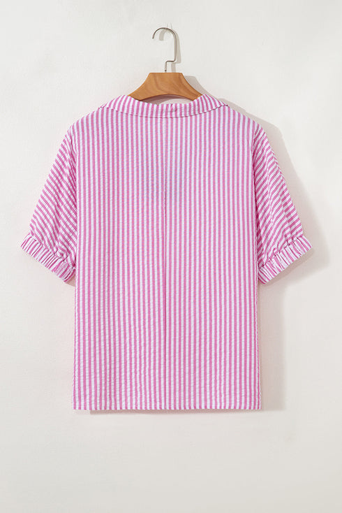Striped Puff Sleeve Collared V Neck Top