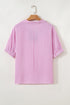 Striped Puff Sleeve Collared V Neck Top