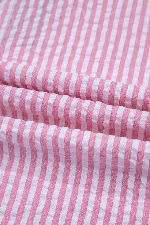 Striped Puff Sleeve Collared V Neck Top
