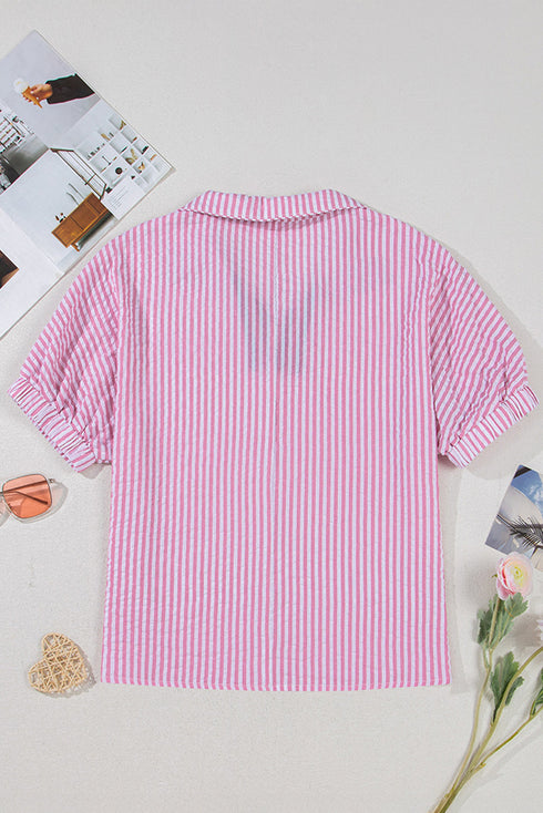 Striped Puff Sleeve Collared V Neck Top