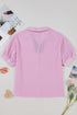 Striped Puff Sleeve Collared V Neck Top