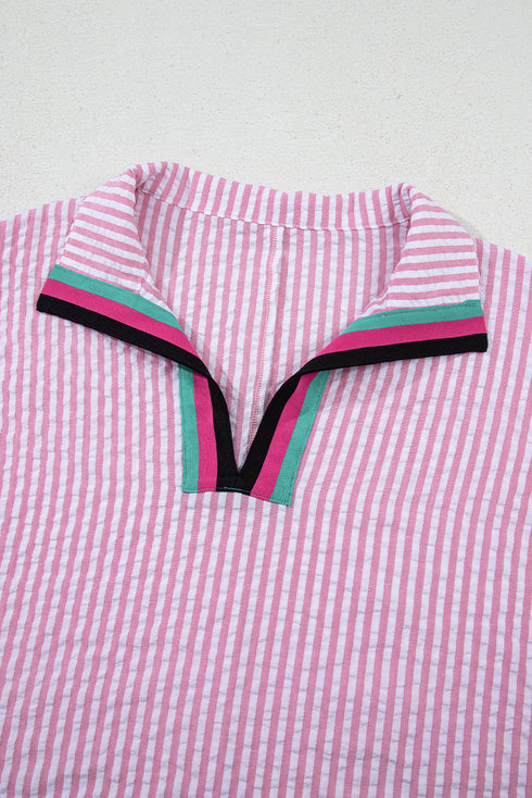 Striped Puff Sleeve Collared V Neck Top