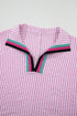 Striped Puff Sleeve Collared V Neck Top