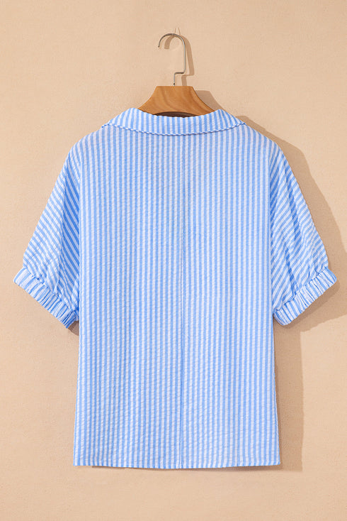 Striped Puff Sleeve Collared V Neck Top
