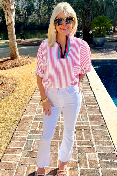 Striped Puff Sleeve Collared V Neck Top