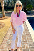 Striped Puff Sleeve Collared V Neck Top