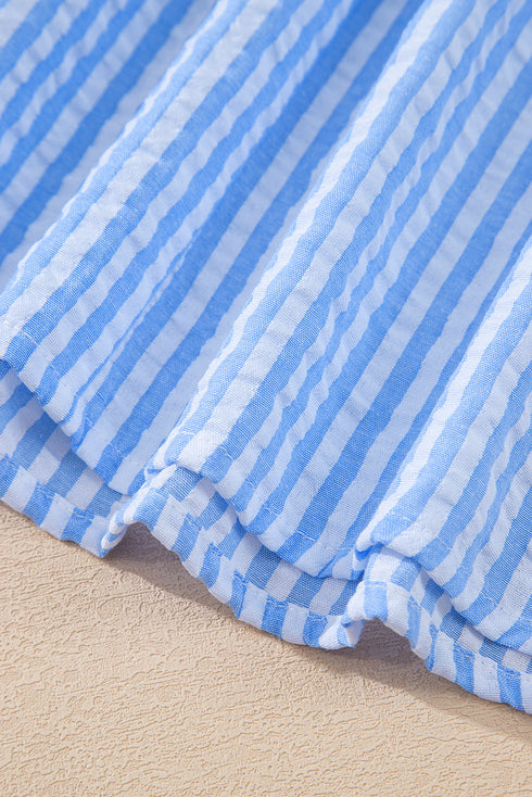 Striped Puff Sleeve Collared V Neck Top