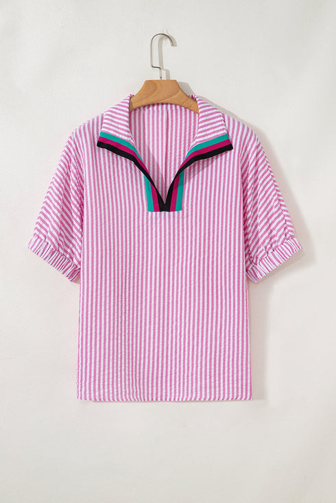 Striped Puff Sleeve Collared V Neck Top