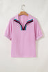 Striped Puff Sleeve Collared V Neck Top