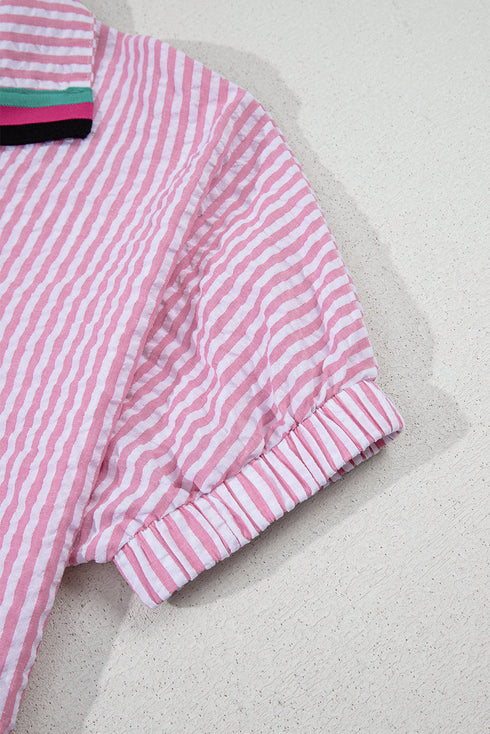 Striped Puff Sleeve Collared V Neck Top