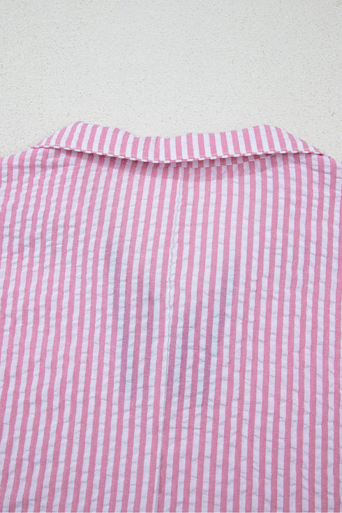Striped Puff Sleeve Collared V Neck Top
