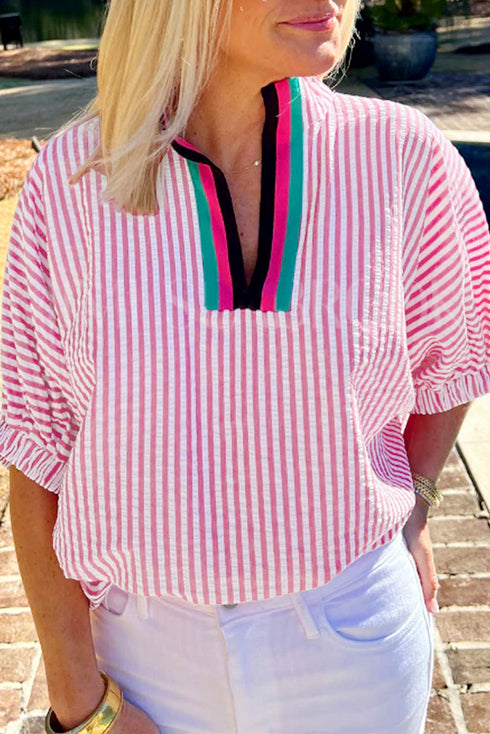 Striped Puff Sleeve Collared V Neck Top