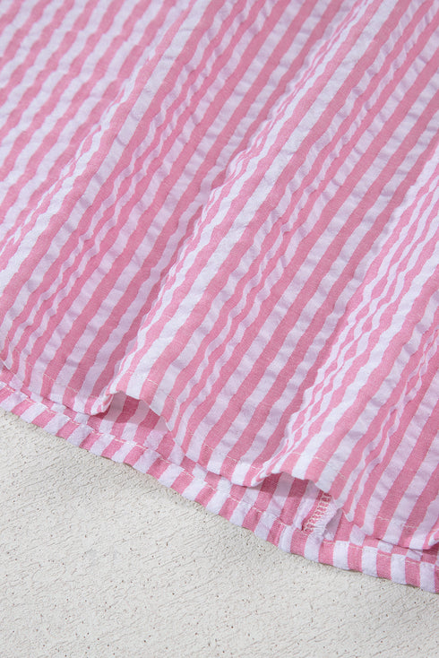 Striped Puff Sleeve Collared V Neck Top