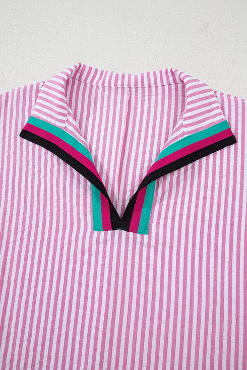 Striped Puff Sleeve Collared V Neck Top