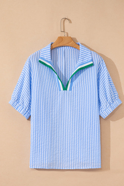 Striped Puff Sleeve Collared V Neck Top