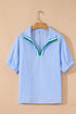Striped Puff Sleeve Collared V Neck Top