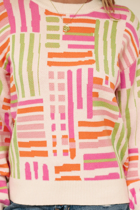 Striped Puff Sleeve Crew Neck Viscose Blend Sweater