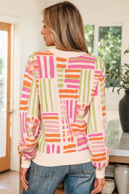 Striped Puff Sleeve Crew Neck Viscose Blend Sweater