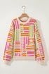 Striped Puff Sleeve Crew Neck Viscose Blend Sweater