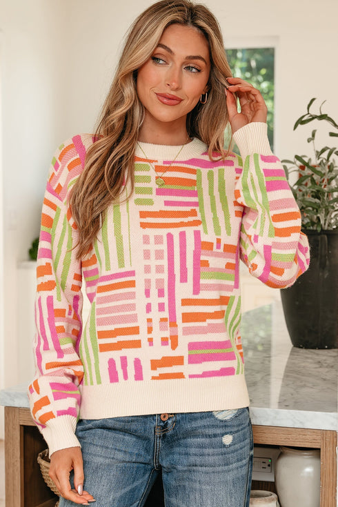 Striped Puff Sleeve Crew Neck Viscose Blend Sweater
