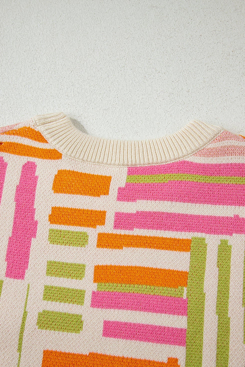 Striped Puff Sleeve Crew Neck Viscose Blend Sweater