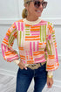 Striped Puff Sleeve Crew Neck Viscose Blend Sweater