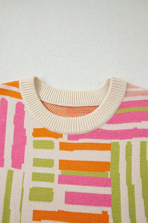 Striped Puff Sleeve Crew Neck Viscose Blend Sweater