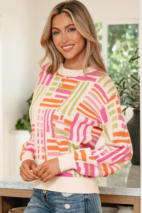 Striped Puff Sleeve Crew Neck Viscose Blend Sweater